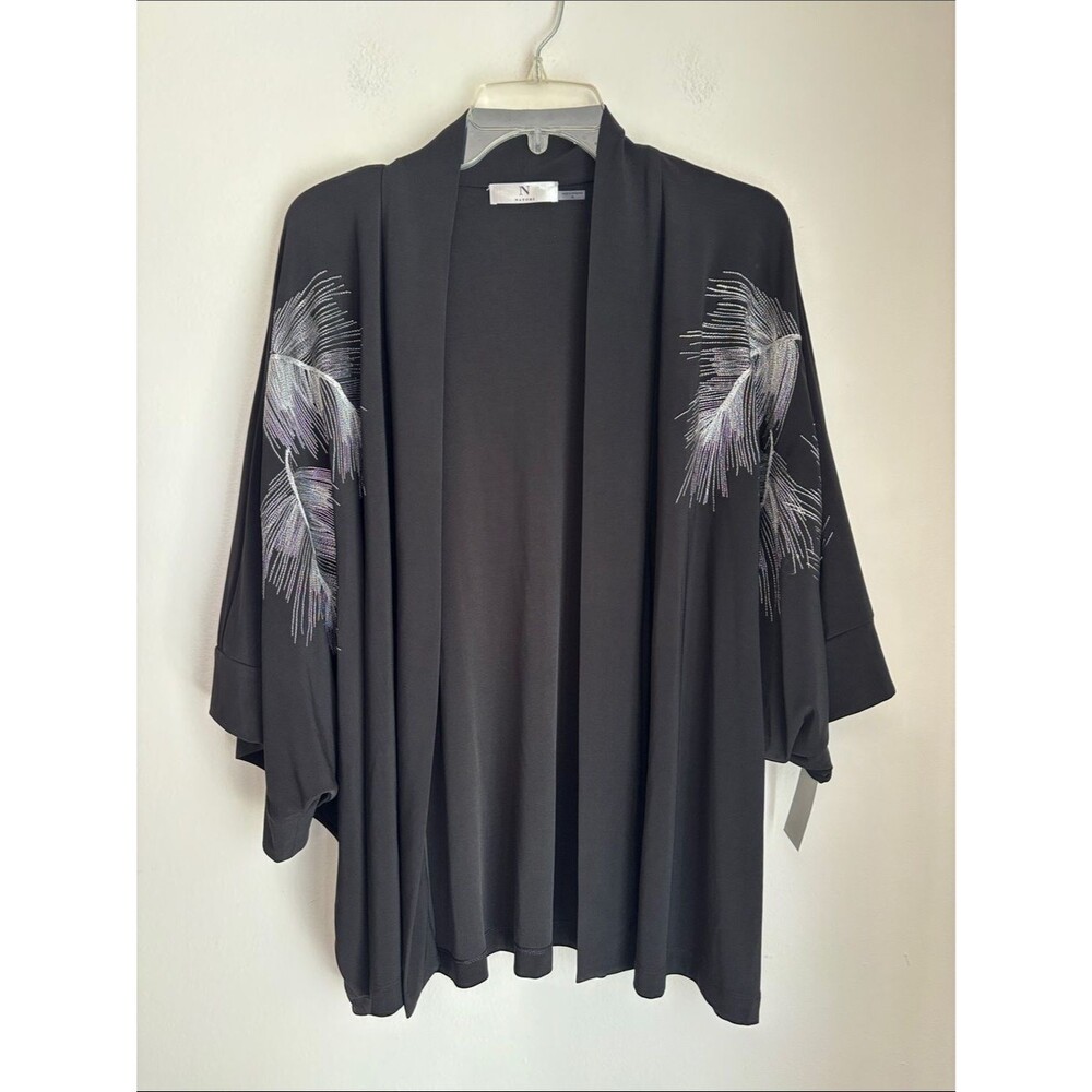 Natori Embroidered Black Open-Front Kimono Cardigan jacket Feathers Womens Med